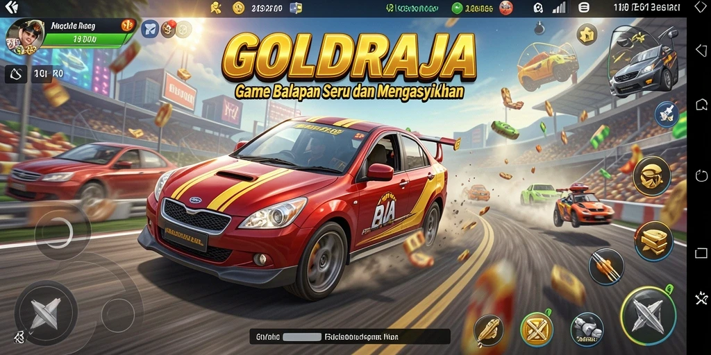Screenshot gameplay GOLDRAJA menampilkan aksi balapan yang mendebarkan.
