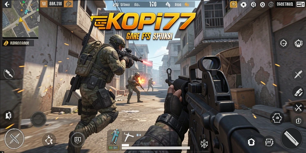 Screenshot gameplay KOPI77 dengan aksi tembak-menembak menegangkan.