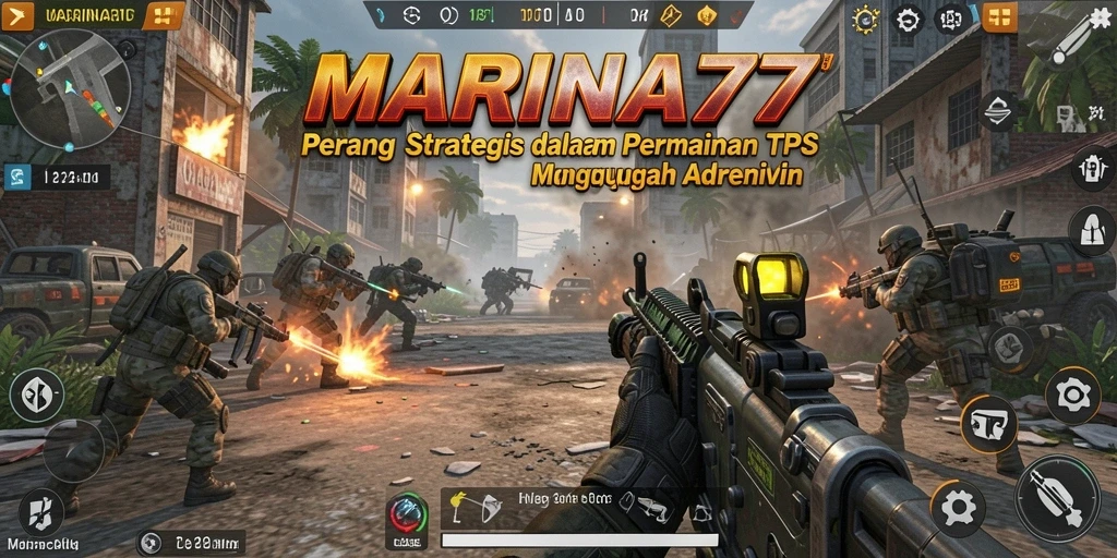 Screenshot gameplay utama MARINA77 menampilkan pertempuran intens dalam mode TPS.