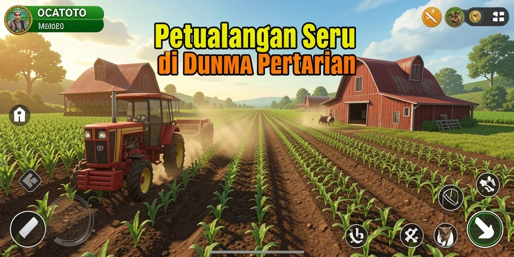Screenshot utama OCATOTO menampilkan keseruan gameplay pertanian yang dinamis.