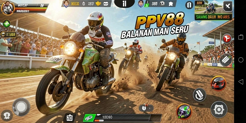 Screenshot gameplay PPV88 menunjukkan aksi balapan motor yang mendebarkan.