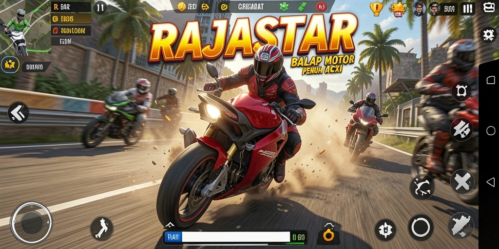 Gameplay mendebarkan dalam balapan motor di RAJASTAR.