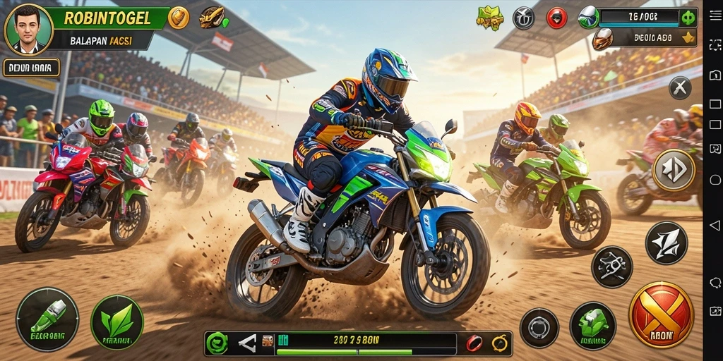 Tampilan utama gameplay seru dari ROBINTOGEL dengan motor balap beraksi.