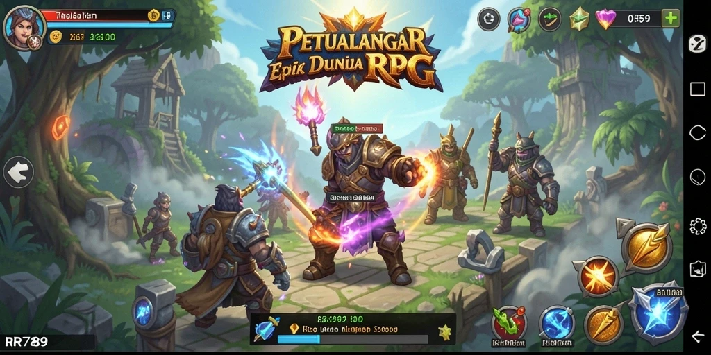 Screenshot gameplay RPG menampilkan pertempuran epik dan karakter berwarna-warni.