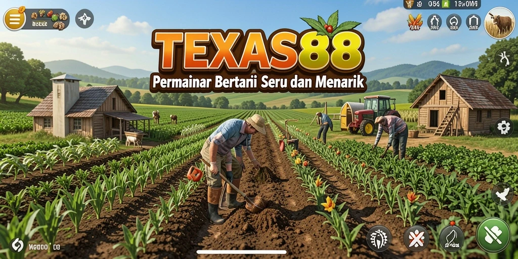 Tampilan utama gameplay TEXAS88 dengan suasana pertanian yang hidup.