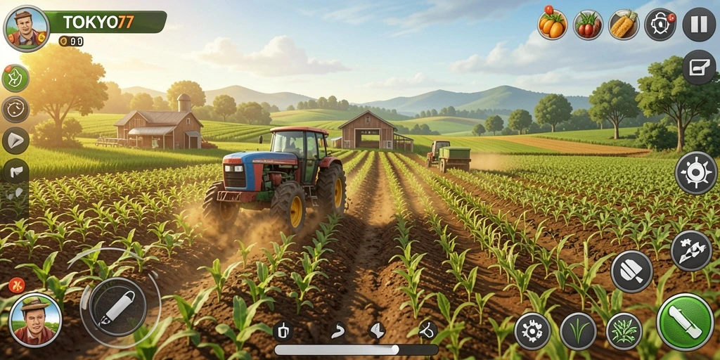 Screenshot gameplay <strong>TOKYO77</strong> yang menunjukkan keindahan pertanian yang dikelola.